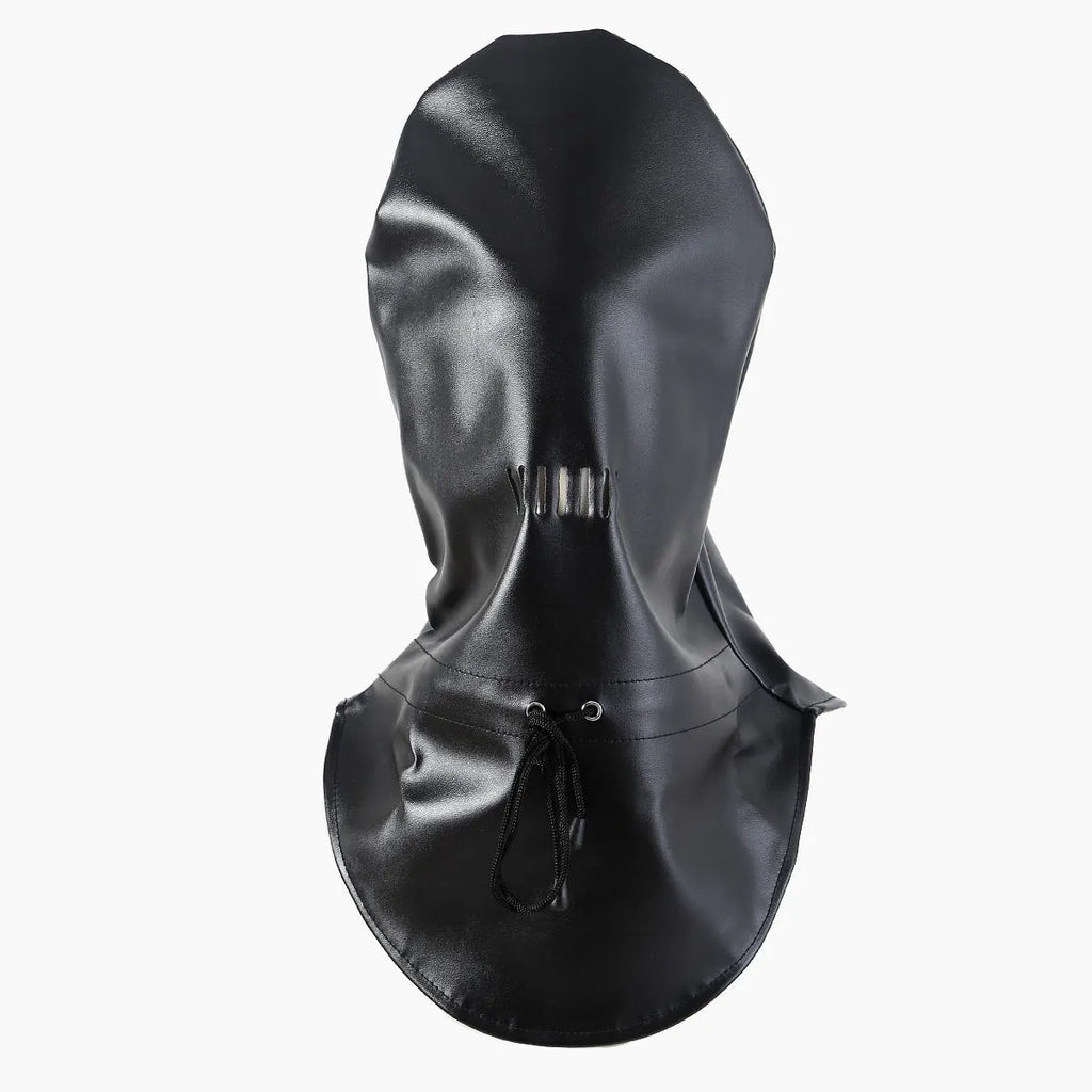 Black leather BDSM mask with adjustable strap for breathable adult training