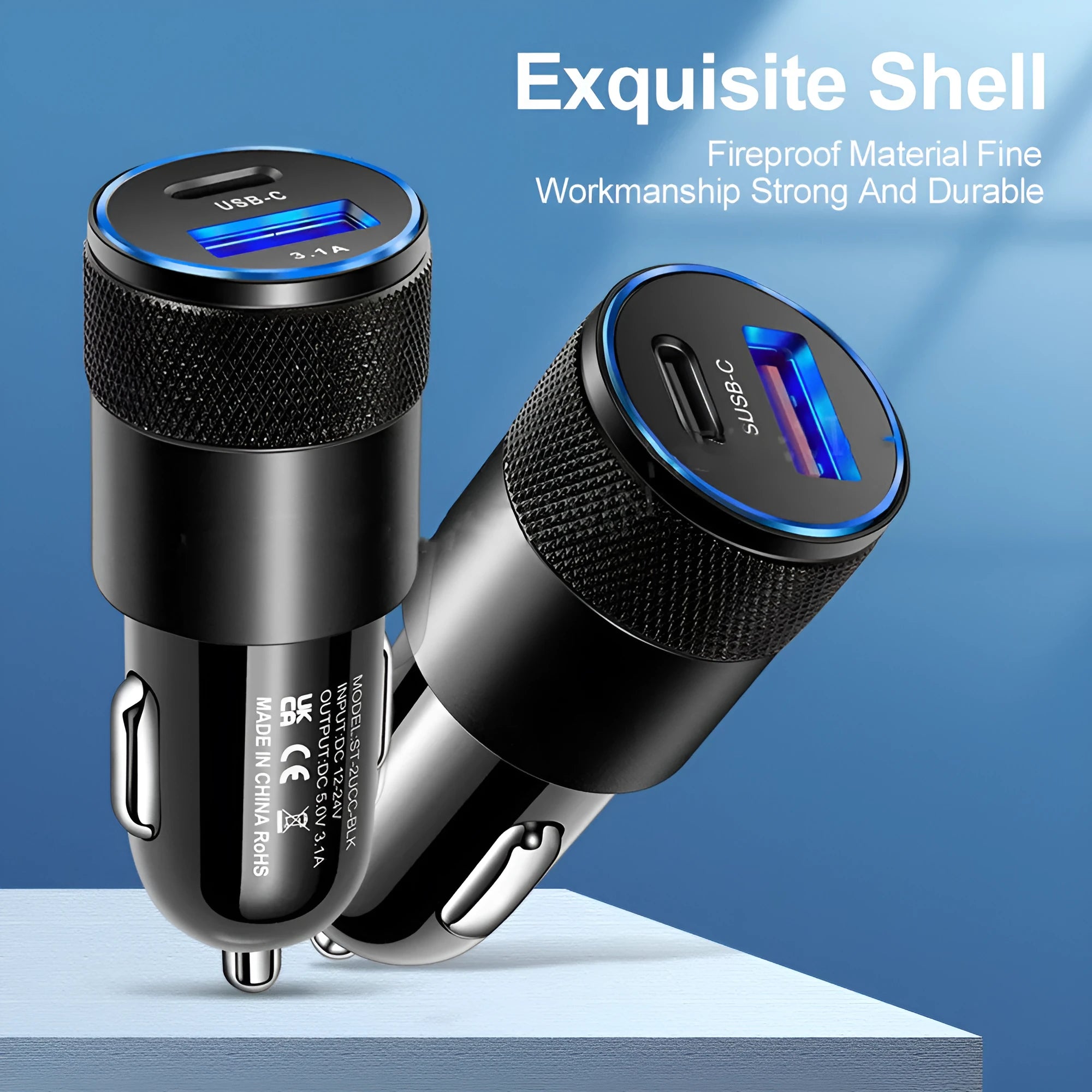 Aluminium alloy mobile phone car charger for 12V vehicles in compact design