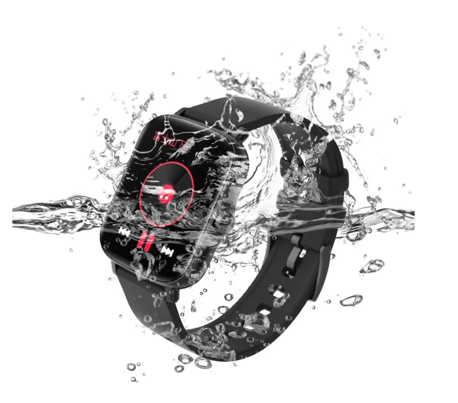 Smart sports watch with blue strap and 1.7-inch colour touch screen displaying time and heart rate.