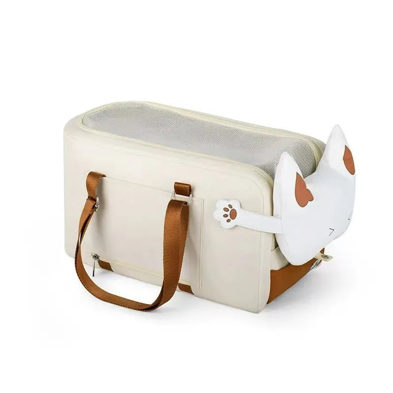 Beige hard-shell portable cat carrier with EPE padding for car and outdoor travel