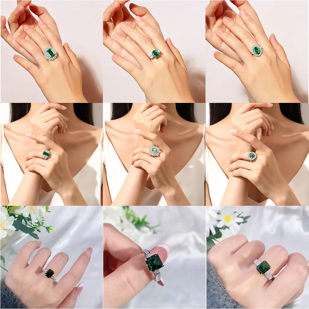 Geometric S925 silver women's ring with oval emerald, Palaibahao inlay, and high carbon diamond accent.