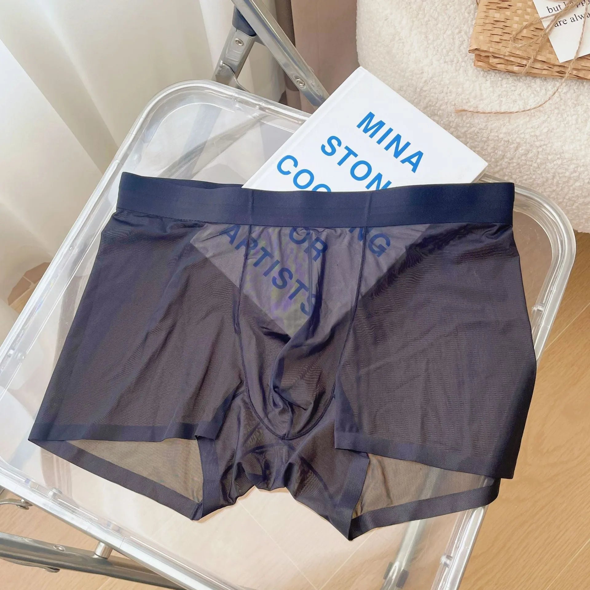 Men's seamless nylon boxer shorts in six colour options showing quick-drying breathable fabric