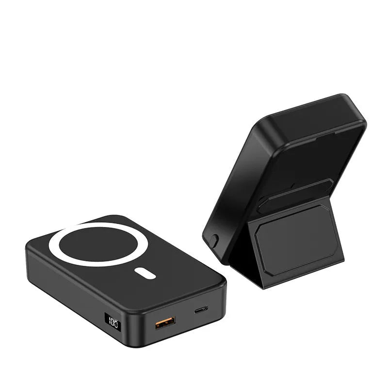 Magnetic wireless charging power bank with folding stand unfolded, shown in navy blue colour.