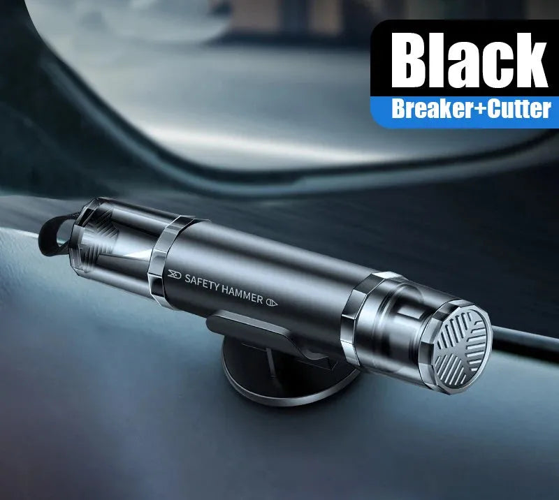 Black and red aluminium alloy car emergency hammer with a tungsten steel tip and a hidden seat belt cutter, shown with a mounting bracket.