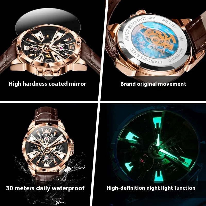 Men's automatic mechanical watch with hollow dial, stainless steel case and brown leather strap