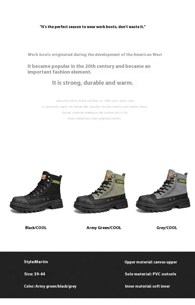 Thick-soled canvas men's motorcycle boots in black, side view showing round toe and front lace-up