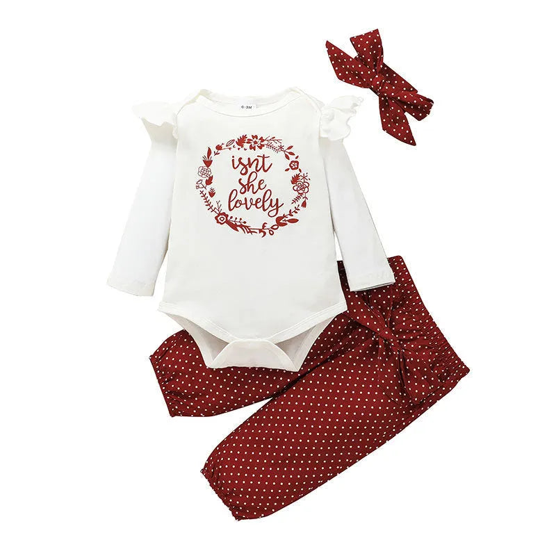 Baby girls' cotton three-piece blouse and trousers set with letter and dot pattern, long sleeves, summer outfit