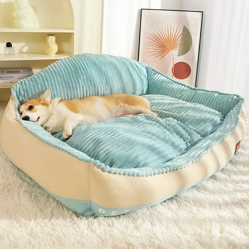 Morandi coloured removable washable dog house sofa bed for pets on a wooden floor.