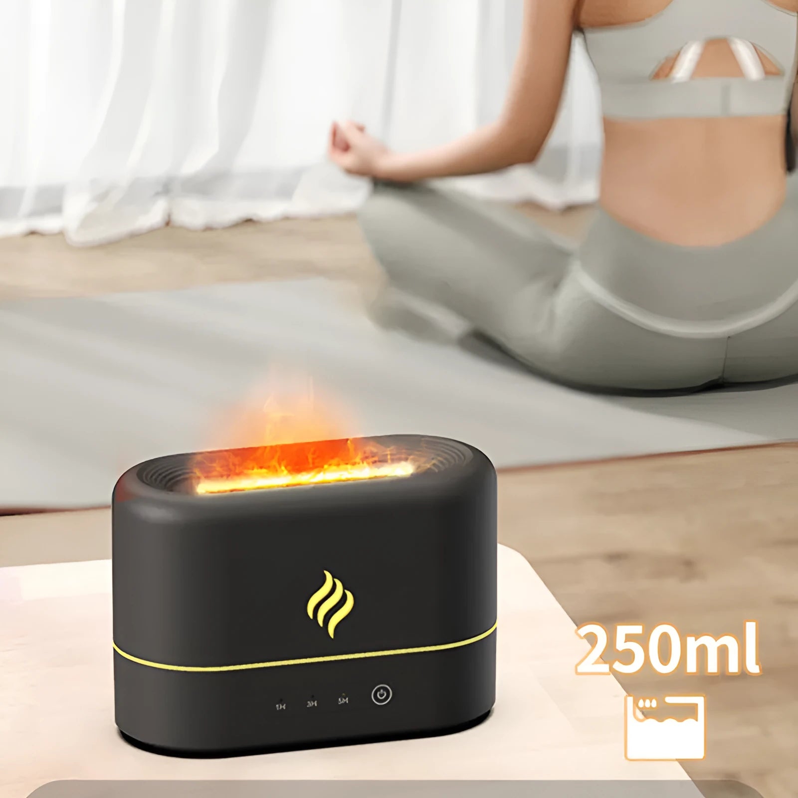 Black or white plastic aromatherapy humidifier with seven-colour flame lighting effect and USB power connection