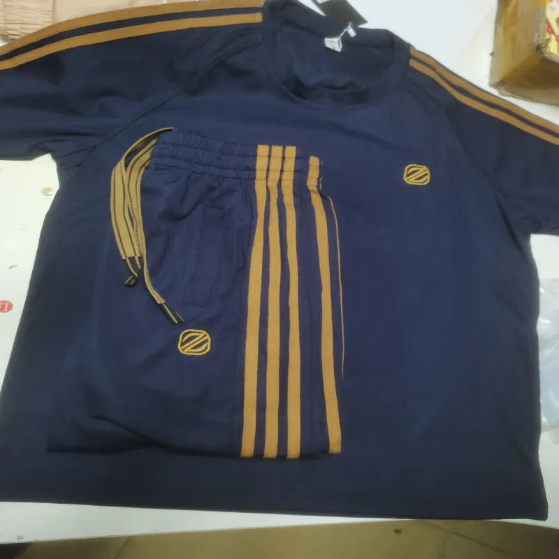 Men's blue short sleeve sports suit with matching trousers, ice silk fabric with sweat-absorbing properties