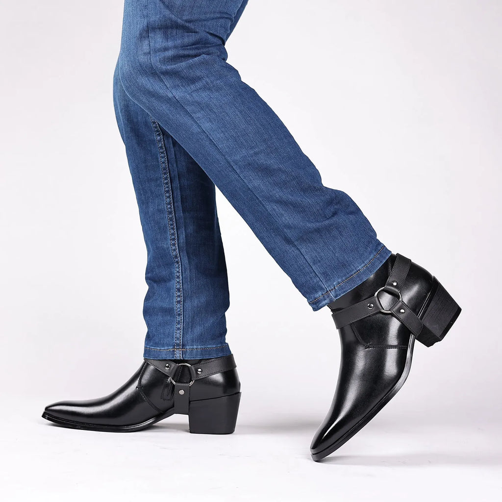 Unisex black chunky chain boots with side zip, square toe, and a thick rubber sole.