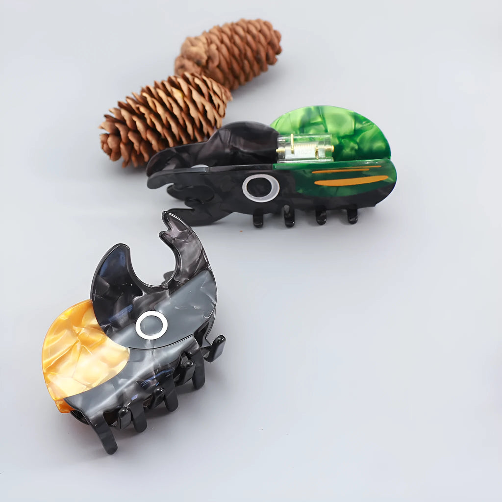 Handmade cellulose acetate beetle hair clip with cartoon insect design in green, orange, or white