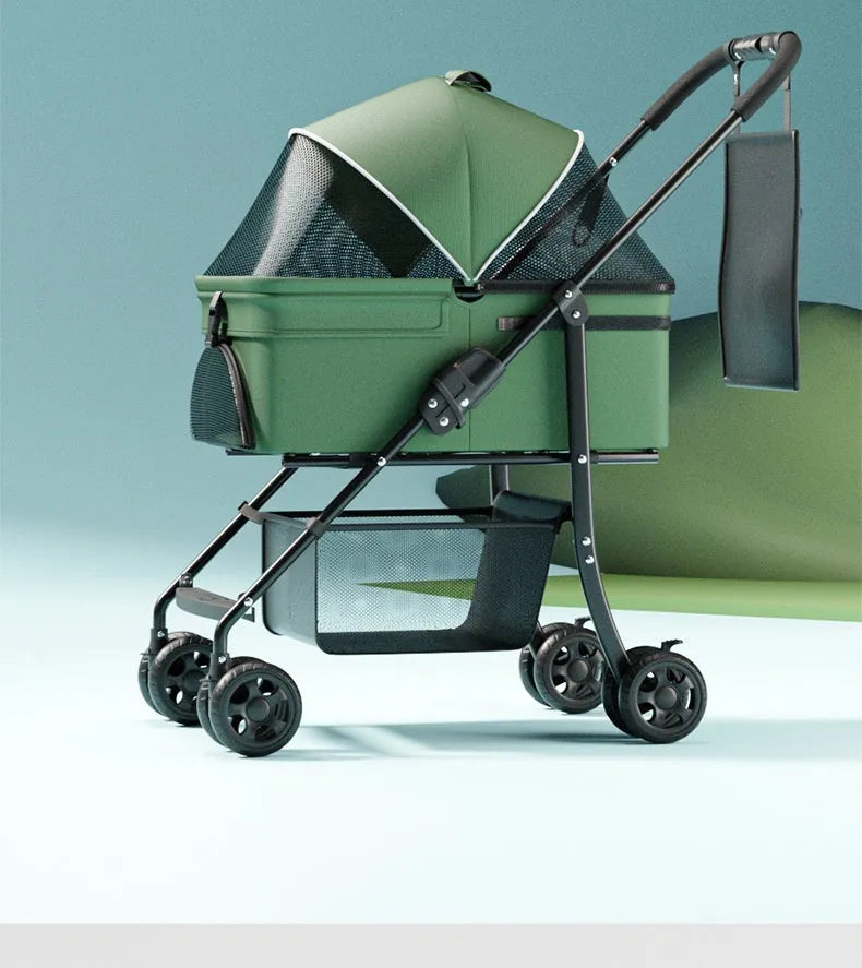 Black warrior style pet cart with detachable components and one-click folding mechanism