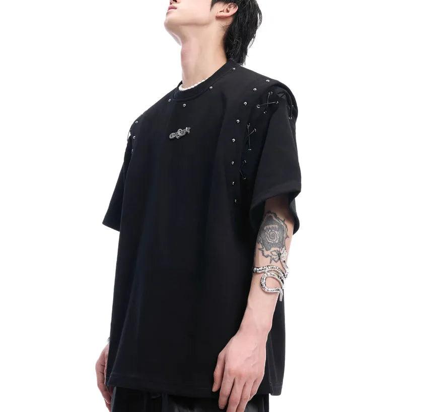 Women's black short sleeve T-shirt with deconstructed lace-up cutout detail on front