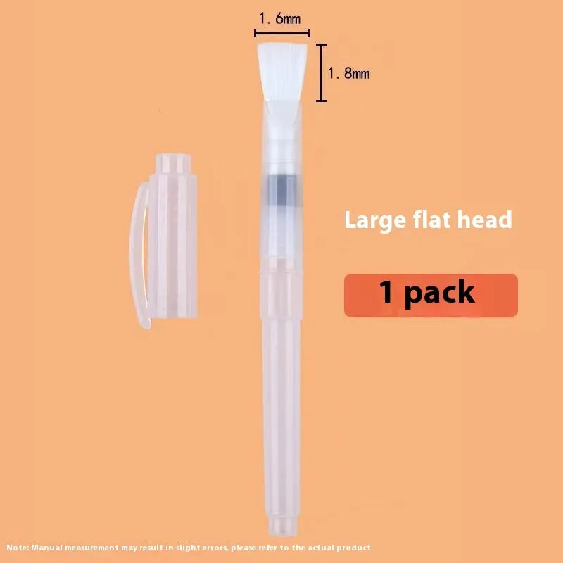 Six-piece watercolor pen set with pointed and flat tips in assorted sizes, plastic body