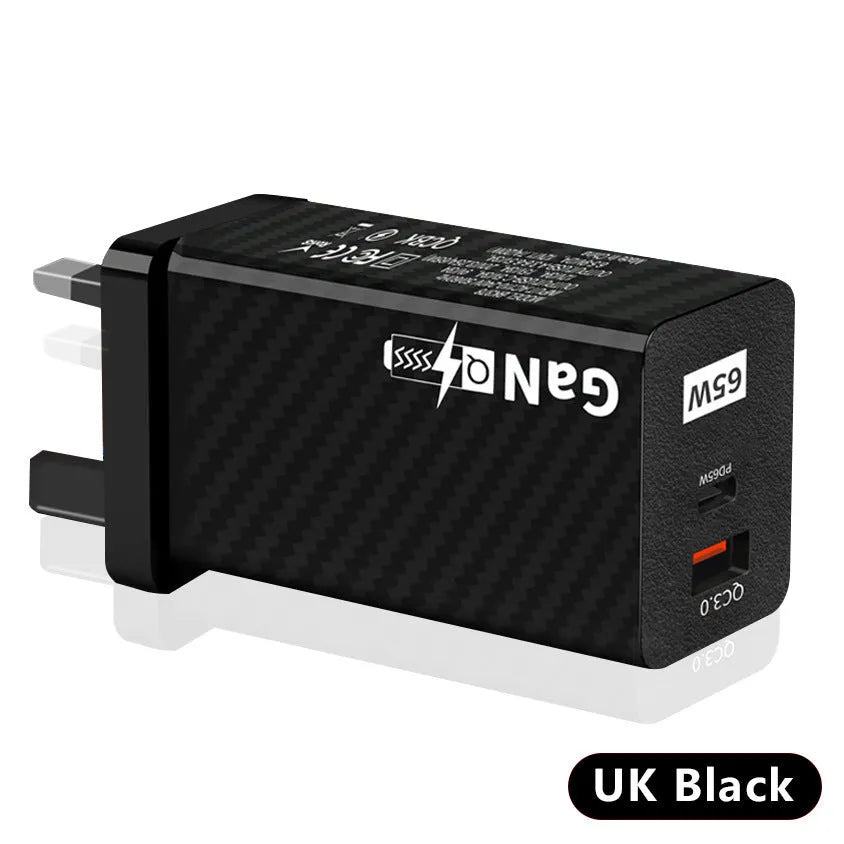 65W gallium nitride fast charger in black or white with compact rectangular design and USB-PD port