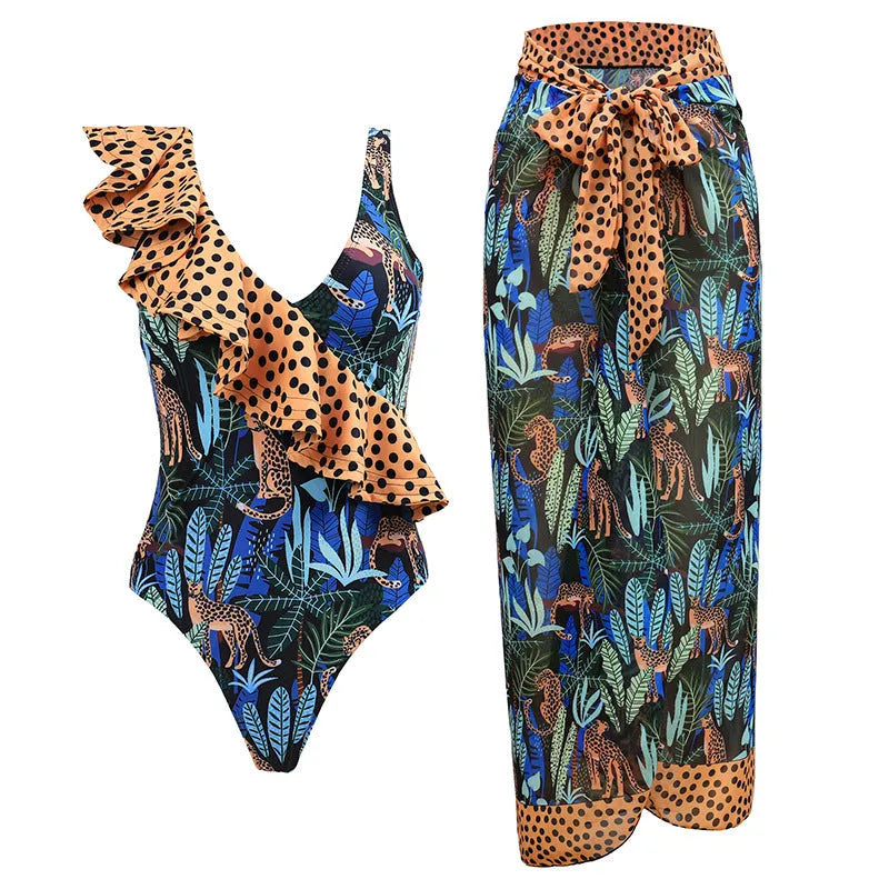 Women's solid colour one-piece swimsuit with spaghetti straps and a matching skirt