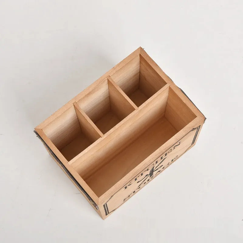 Wooden kitchen storage box for knives forks chopsticks with internal divider grid