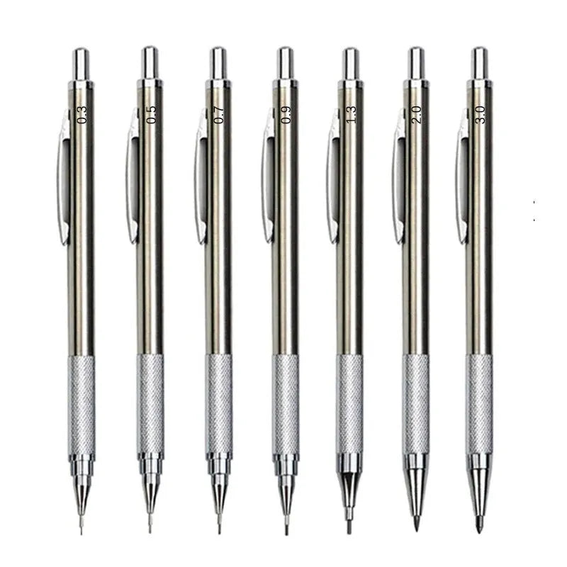 Silver metal mechanical pencil with clip, shown with compatible lead refills in sizes 0.5mm and 2.0mm.