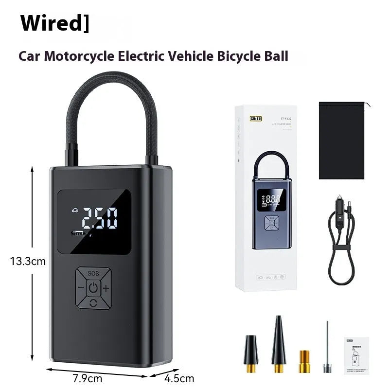 Portable small wireless digital display car inflatable air pump with LED light and pressure gauge, ABS construction