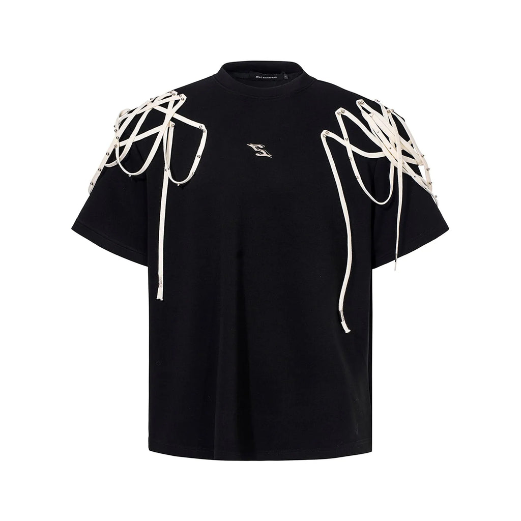 Black women's short-sleeved T-shirt with padded shoulders and rivet ribbon detail.