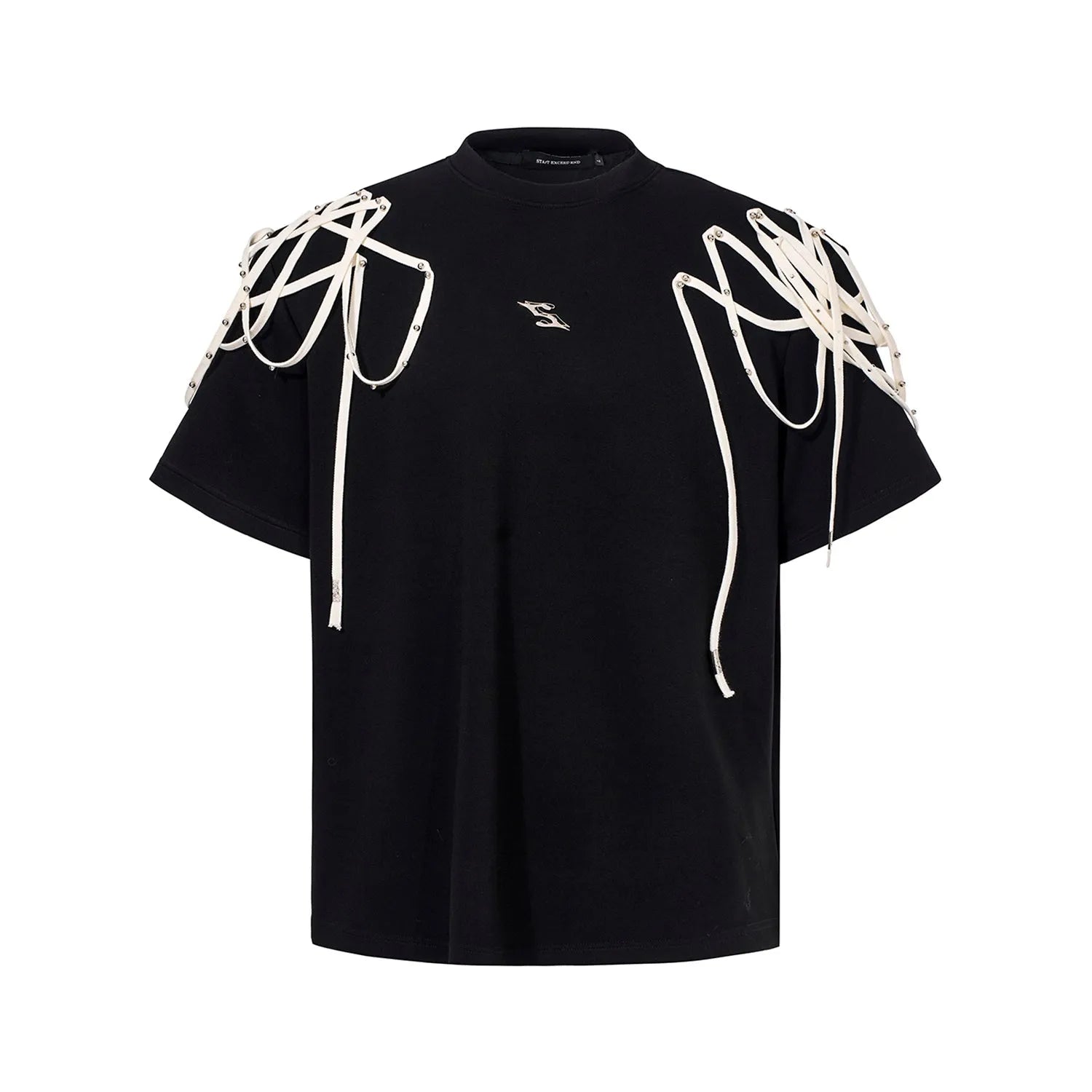 Black women's short-sleeved T-shirt with padded shoulders and rivet ribbon detail.