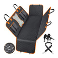 Black dog car seat cover with orange edge, shown as a hammock and flat protector on a car rear seat.