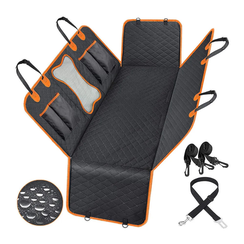 Black dog car seat cover with orange edge, shown as a hammock and flat protector on a car rear seat.