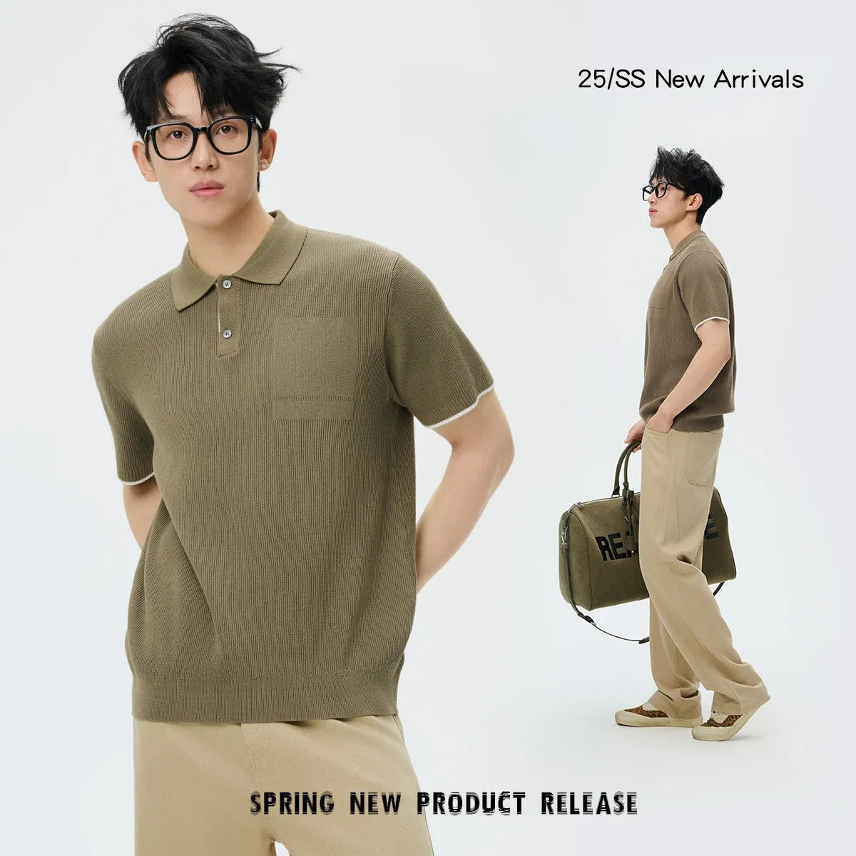 Men's summer business casual sweater with contrast lapels, short sleeves, solid colour, polyester blend, available in black.