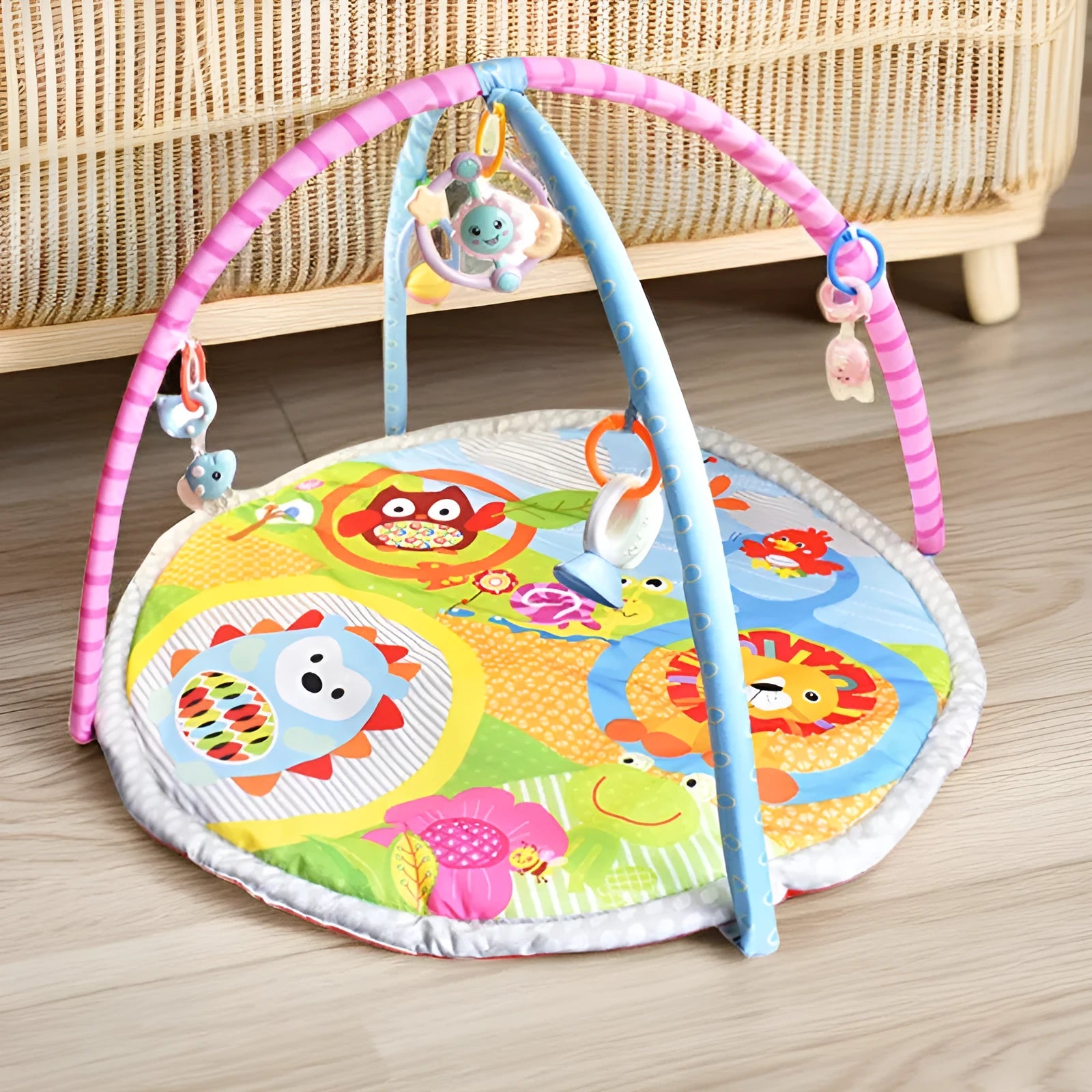 Velvet baby gymnastic rack game blanket with small animal design for grasping play.