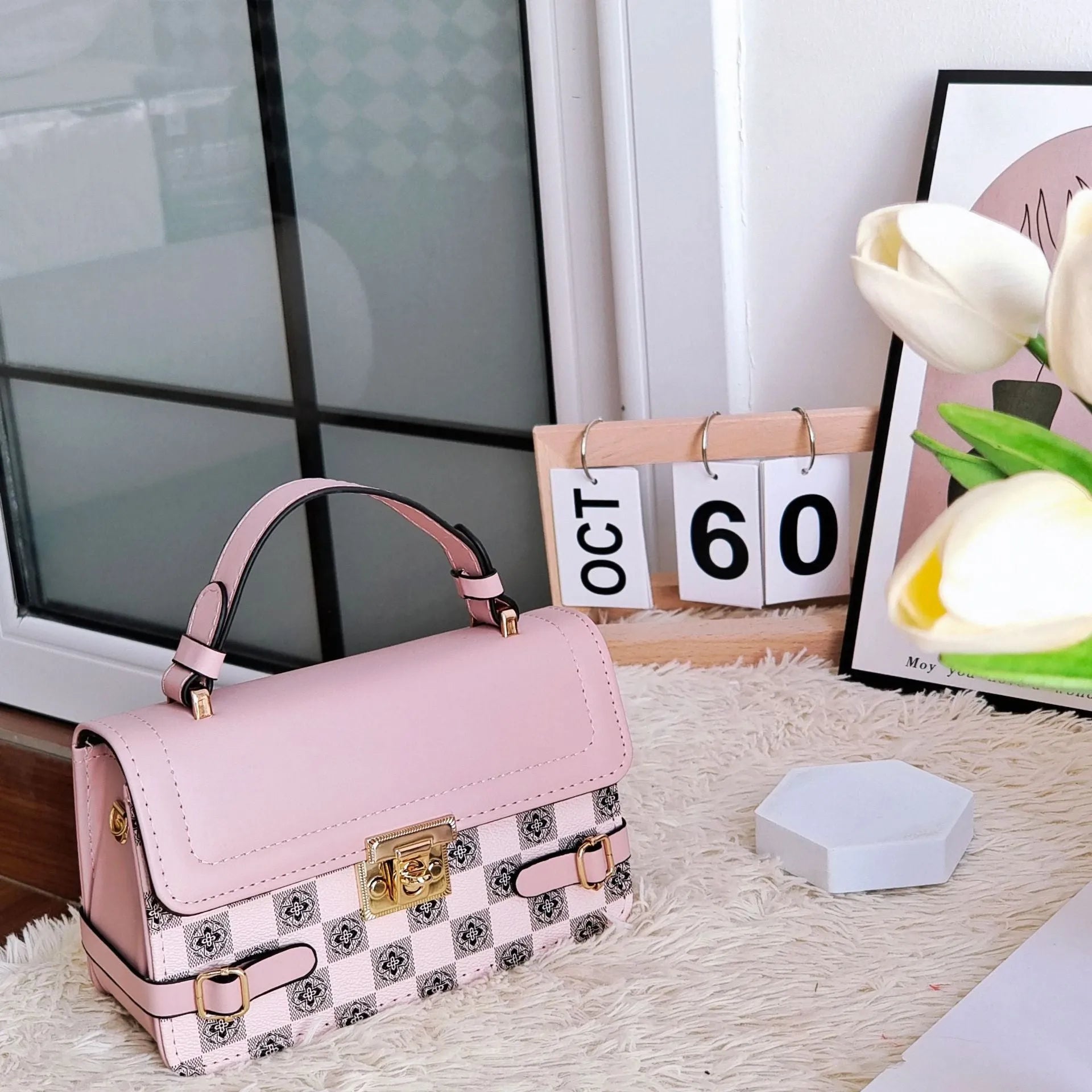 Retro patterned PU leather crossbody bag in a horizontal square shape on a white background.