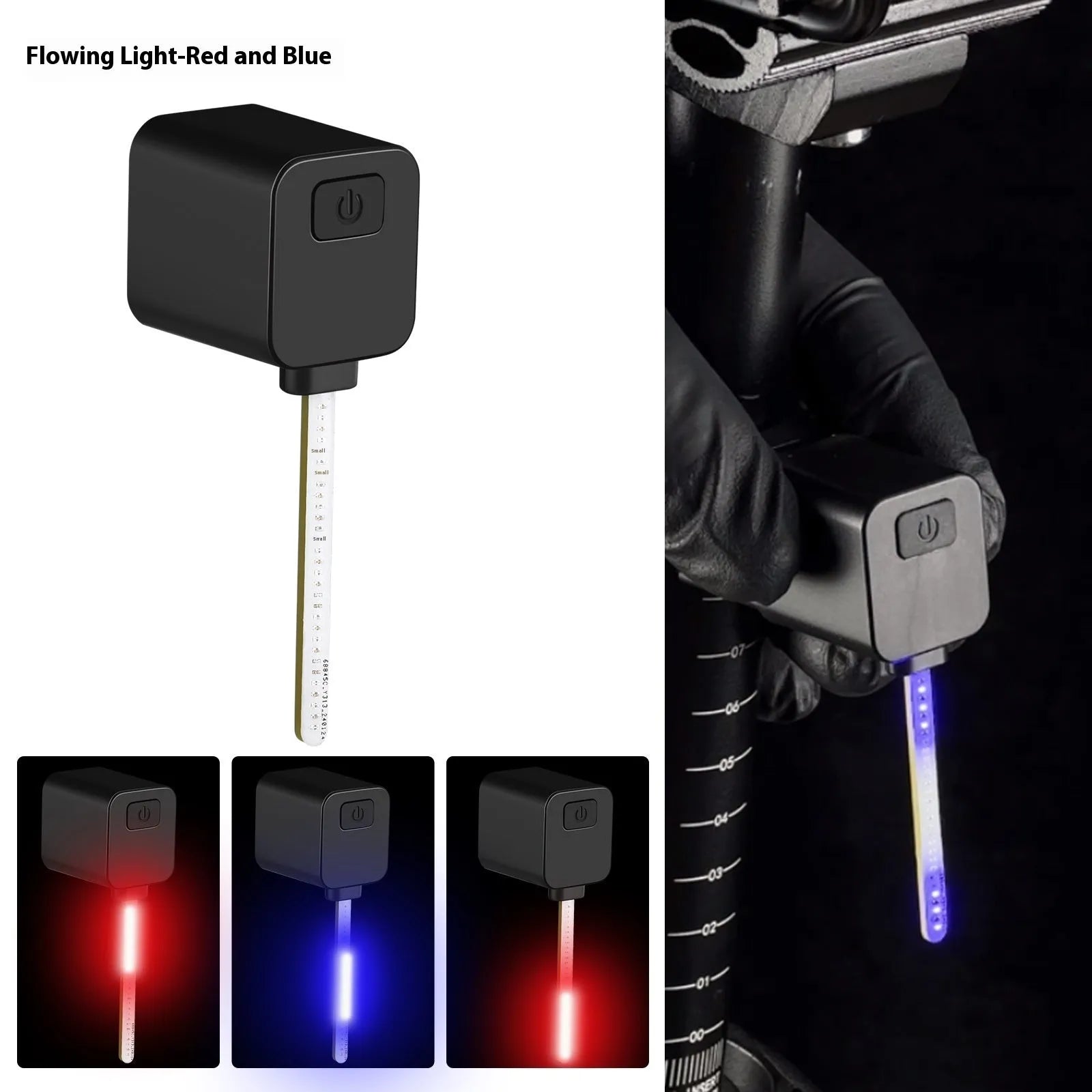 USB rechargeable bicycle running water tail light with silicone strap mount on a bike seat tube.