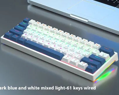 61-key bluish-black and white mechanical keyboard with hot-swap switches on desk