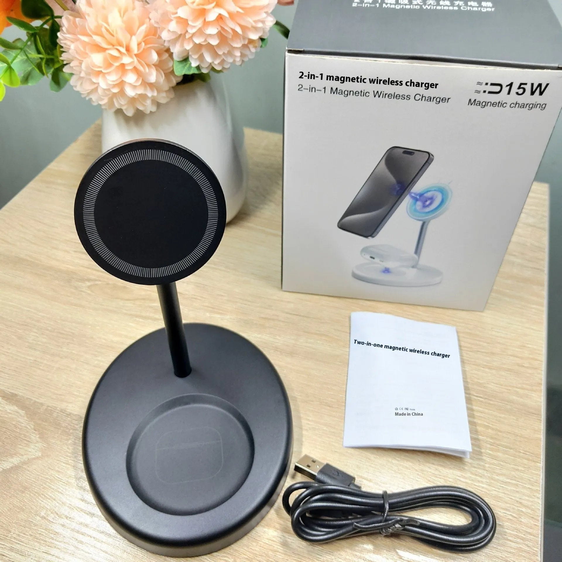 30W vertical wireless charger stand in white with cooling hole for fast, cool charging