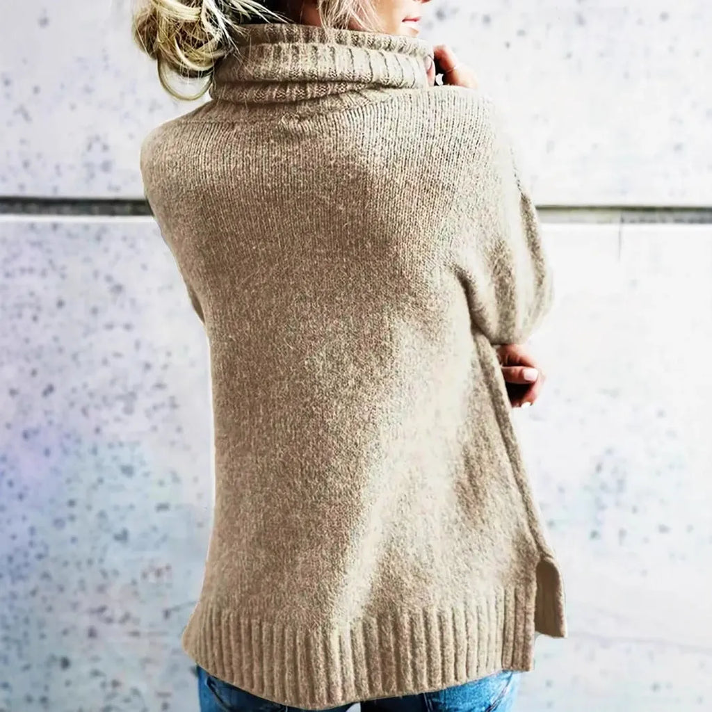 Plus size women's khaki turtleneck long sleeve sweater pullover with drop shoulders