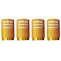 Coloured aluminium valve caps for car tyres, shown in yellow, red, purple, blue, green and black
