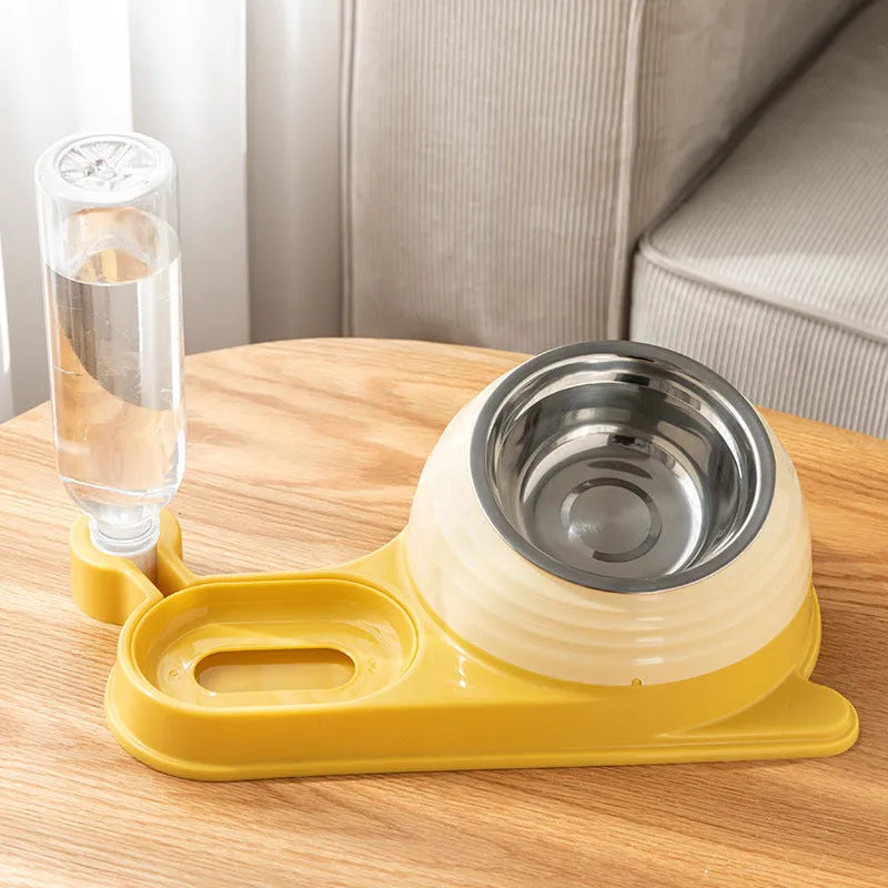 Brown elevated cat food bowl with automatic water dispenser bottle