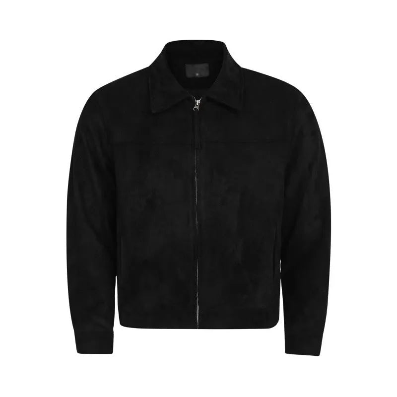Men’s suede double jacket in black, loose thickened Vinylon fabric with Lycra, daily wear outerwear