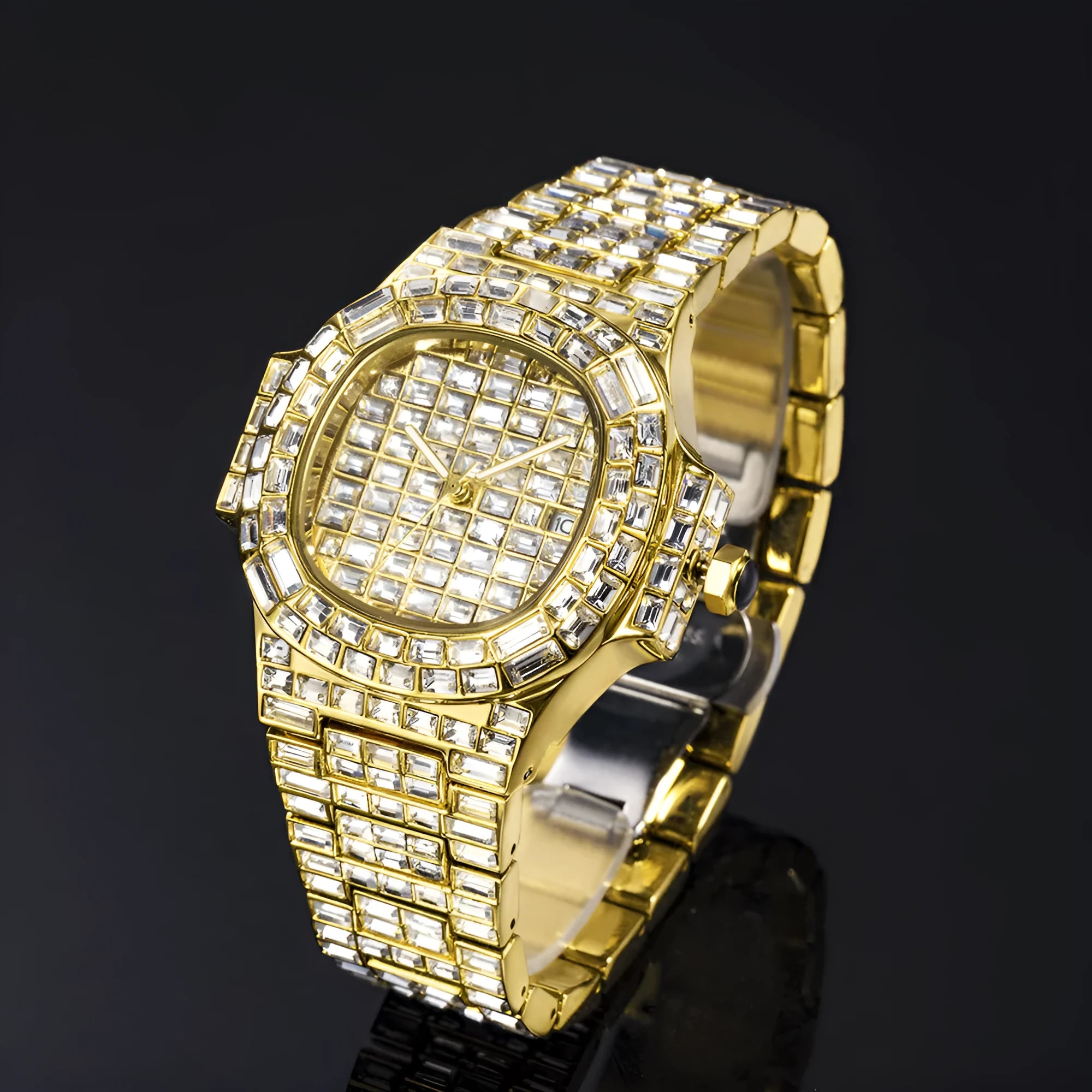 Gold full drill square waterproof calendar quartz watch for men on a light background