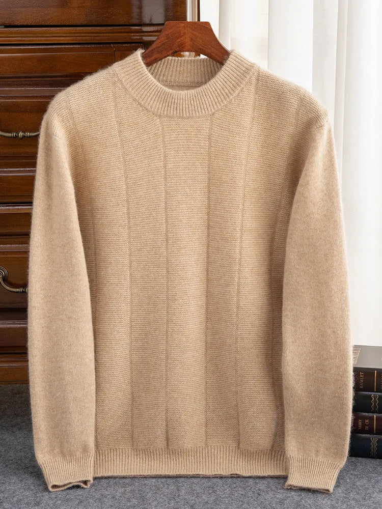 High Sense men double thick cashmere sweater round neck striped solid colour pullover winter casual bottoming shirt