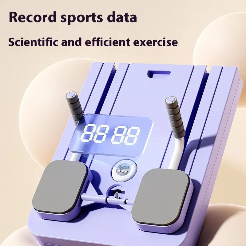 Standard purple household fitness board with automatic rebound abdominal wheel on a stable PP plastic base.