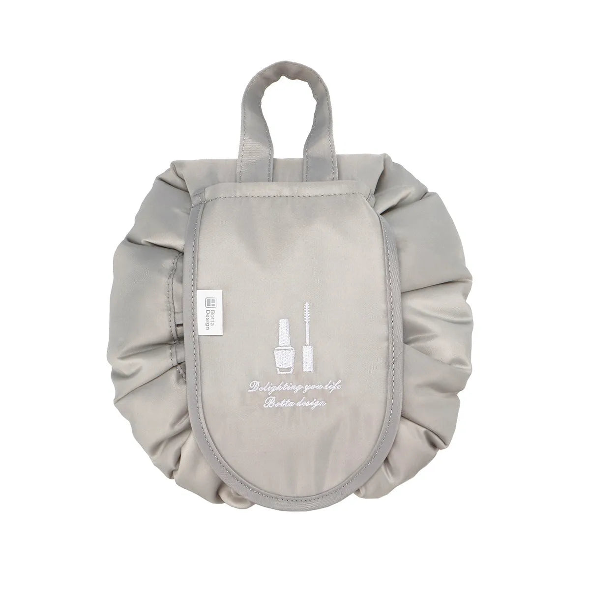 Large waterproof polyester drawstring makeup bag in cube shape for travel storage of cosmetics and toiletries