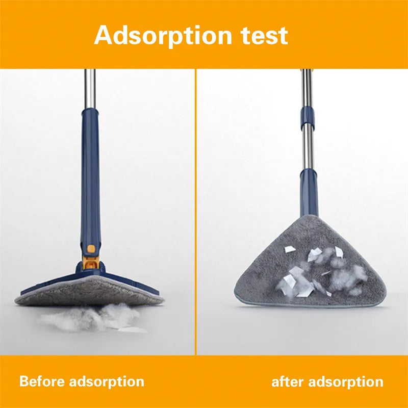 Blue extendable triangle mop with 360 rotating head and microfibre cloth for cleaning floors and walls