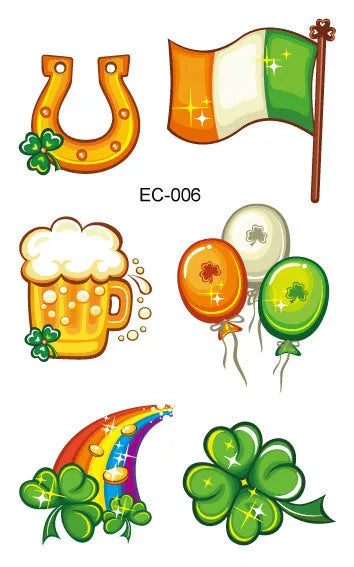 Irish festival temporary tattoo sticker with St. Patrick's Day shamrock design measuring 120×75mm