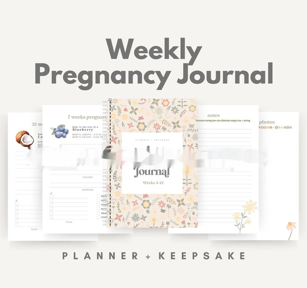 A5 pregnancy weekly diary notebook open showing weekly pregnancy journal pages