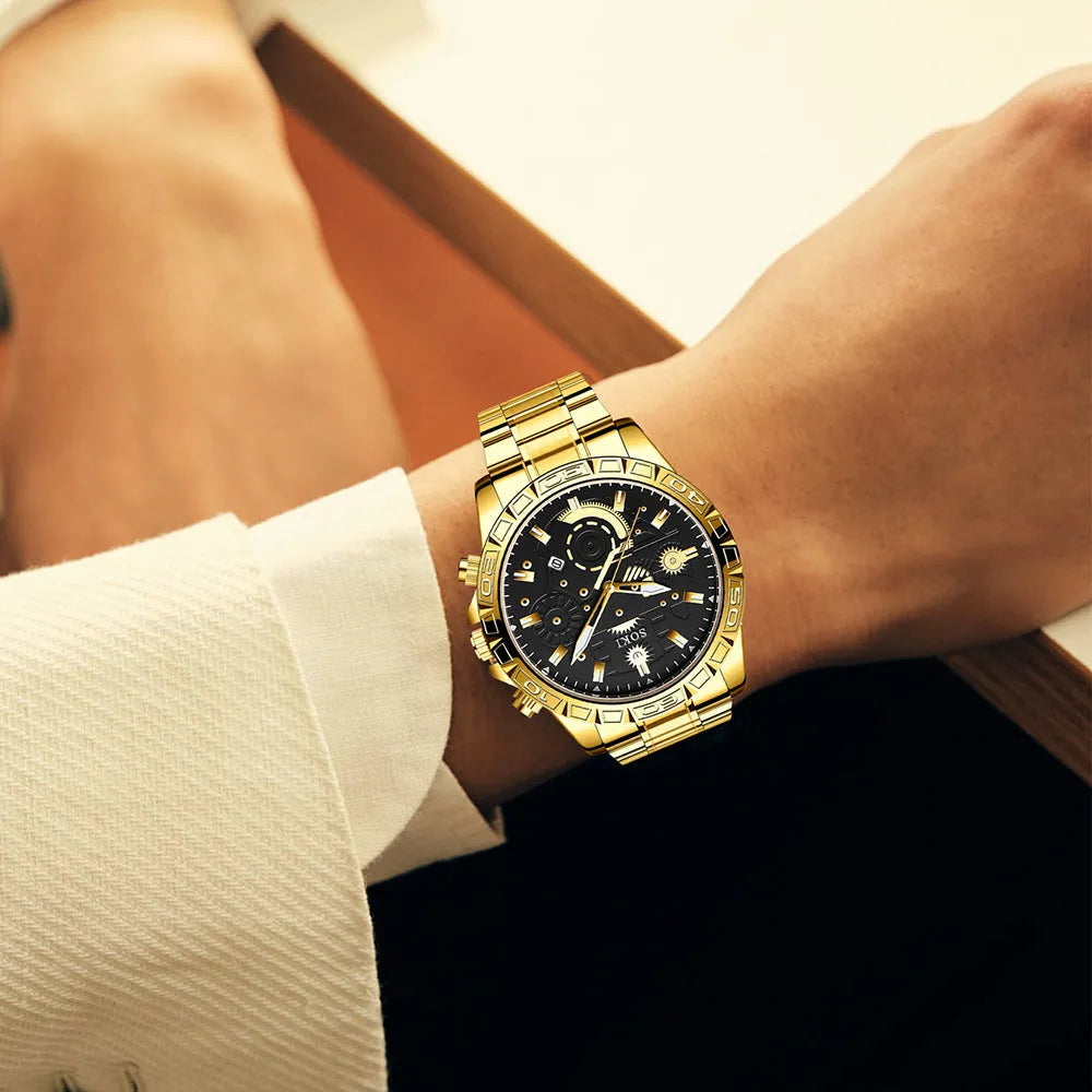 Gold men's steel business calendar quartz watch with 10mm thickness and stainless steel bracelet