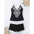 Plus size women's two-piece printed swimsuit in black or rose red with a cotton lining.
