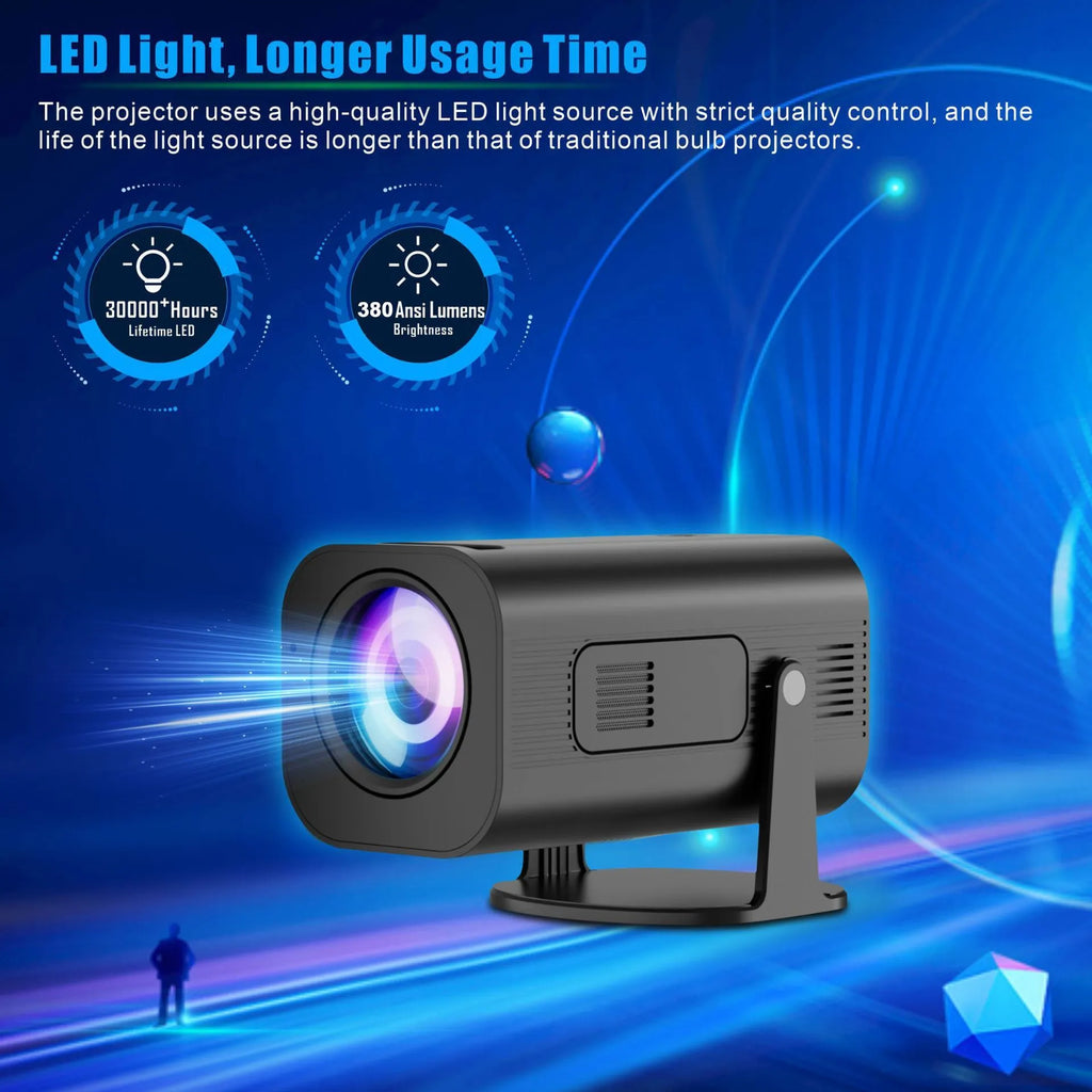 Black or white P330 portable mini projector with remote control on a table.