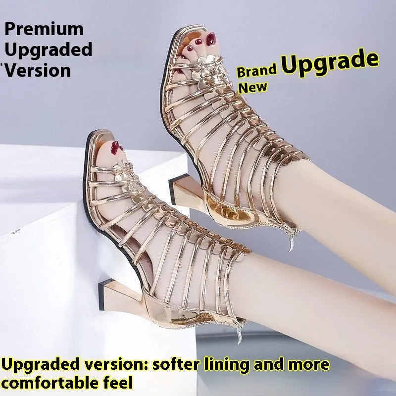 Horseshoe heel Roman sandals with peep toe, fish mouth bracket and rubber sole in black, golden or silver