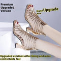 Horseshoe heel Roman sandals with peep toe, fish mouth bracket and rubber sole in black, golden or silver